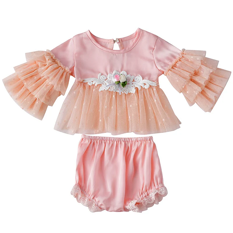 Boutique cute pink little baby girl long ruffle flower clothing  pearl tunic clothing set