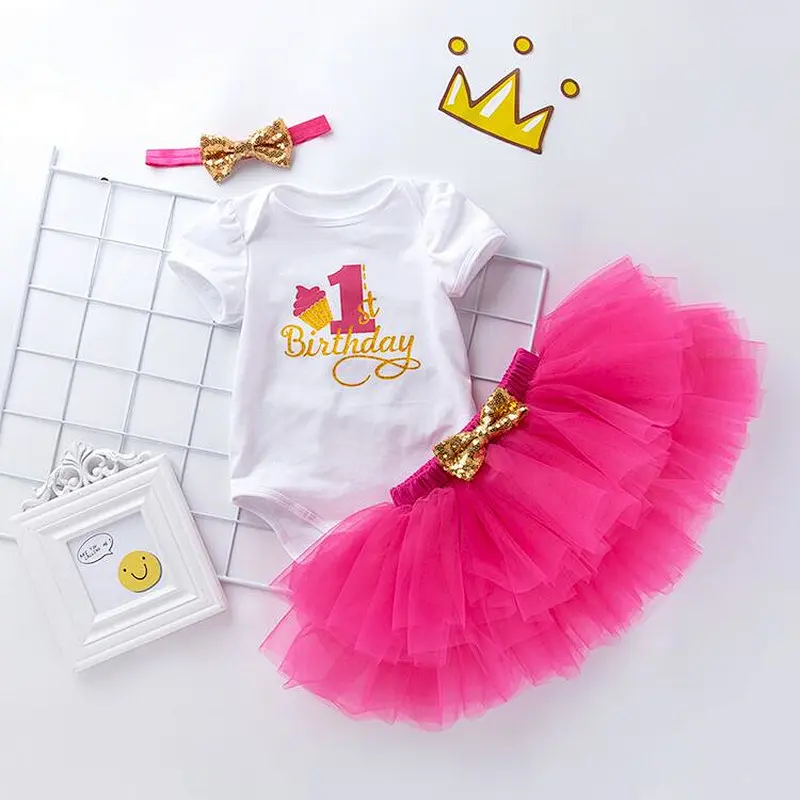 Summer 3 Piece First Birthday Red Tutu Skirt Outfits For Baby Girl