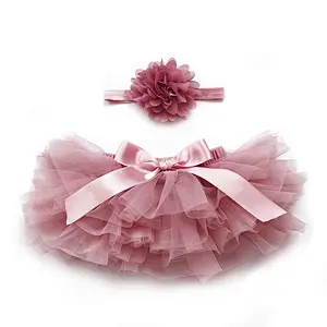 Wholesale dusty pink comfortable chiffon layered tutu baby mesh skirts 2 piece set