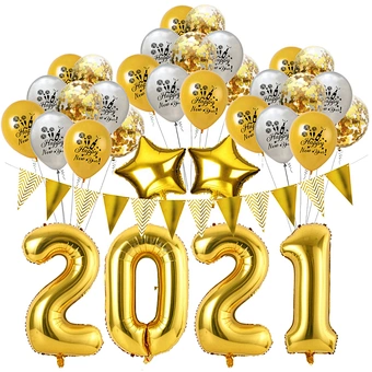 Kit Latex Confetti Anniversary Eve Decorations Supplies Banner Black Rose Gold Balloons 2021 Happy New Year Party