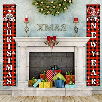 Christmas Banner Happy Santa Red Black Buffalo Plaid Front Door New Year Porch Sign For Wall Indoor Outdoor Hanging Decoration