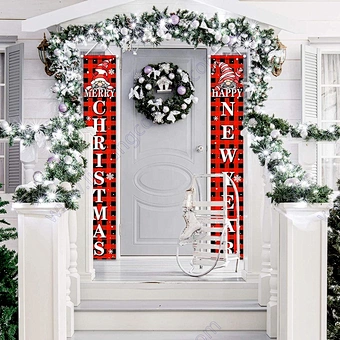 Christmas Banner Happy Santa Red Black Buffalo Plaid Front Door New Year Porch Sign For Wall Indoor Outdoor Hanging Decoration