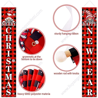 Christmas Banner Happy Santa Red Black Buffalo Plaid Front Door New Year Porch Sign For Wall Indoor Outdoor Hanging Decoration