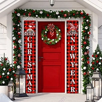 Christmas Banner Happy Santa Red Black Buffalo Plaid Front Door New Year Porch Sign For Wall Indoor Outdoor Hanging Decoration