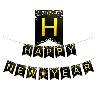 2020 Amazon Hot Sale Decoration 2021 Black Gold Eve Set Paper Hanging Party Merry Christmas Home Xmas Happy New Year Banner