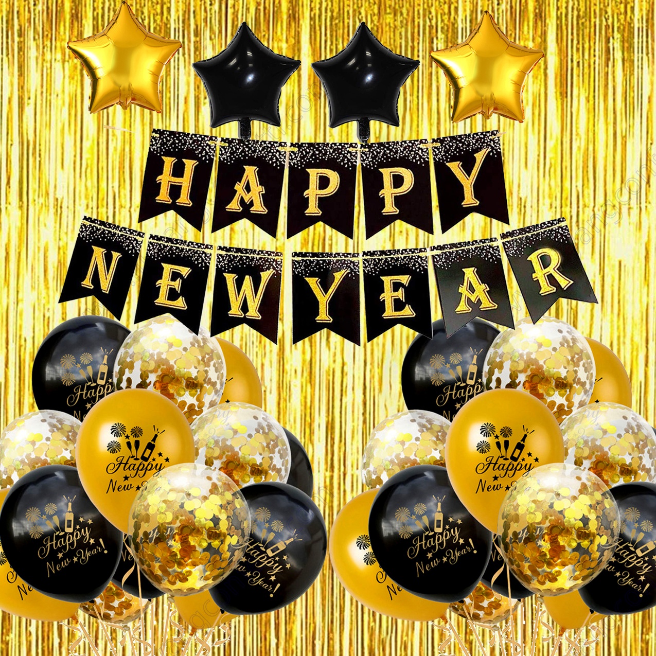 Banner Hanging Black Gold Balloon Star Latex Ballon Metallic Fringe Curtain Decor Supplies Happy New Year Party Decorations 2021
