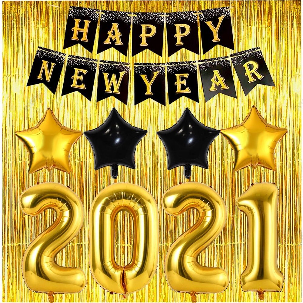 Years Eve Supplies Decorations Kit Black Happy Banner Foil Year's House Decor Backdrop Golden Gold Balloon 2021 New Year Party