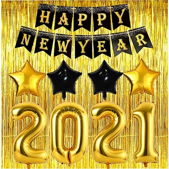 Years Eve Supplies Decorations Kit Black Happy Banner Foil Year's House Decor Backdrop Golden Gold Balloon 2021 New Year Party