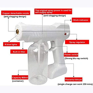 800ml Cordless Charging Electric Ulv Blue Light Nano Steam Gun Atomizer Machine Household Wireless Spray Disinfection Sprayer