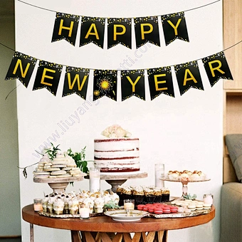 2020 Amazon Hot Sale Decoration 2021 Black Gold Eve Set Paper Hanging Party Merry Christmas Home Xmas Happy New Year Banner
