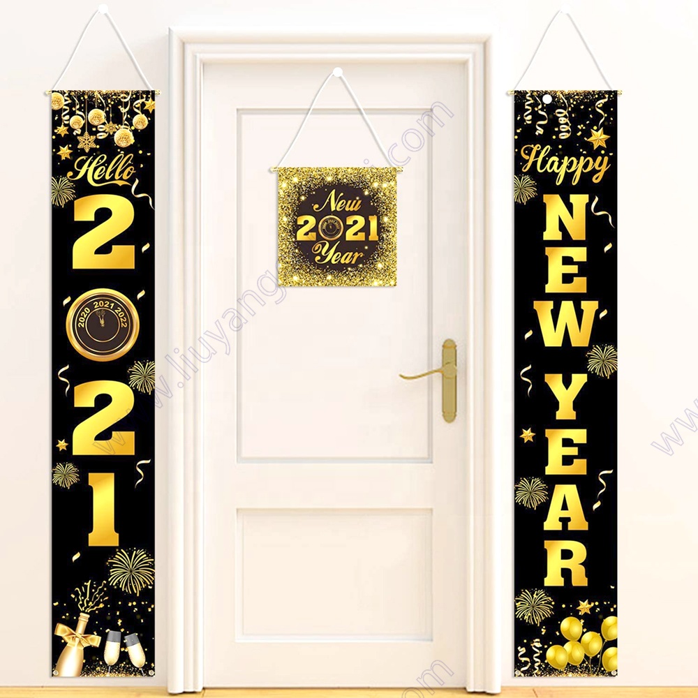 Porch Sign Outdoor Indoor Home Door Party Decoration Gold Large Banner Eve Welcome Lunar 2021 Happy New Year Hanging Banner Set