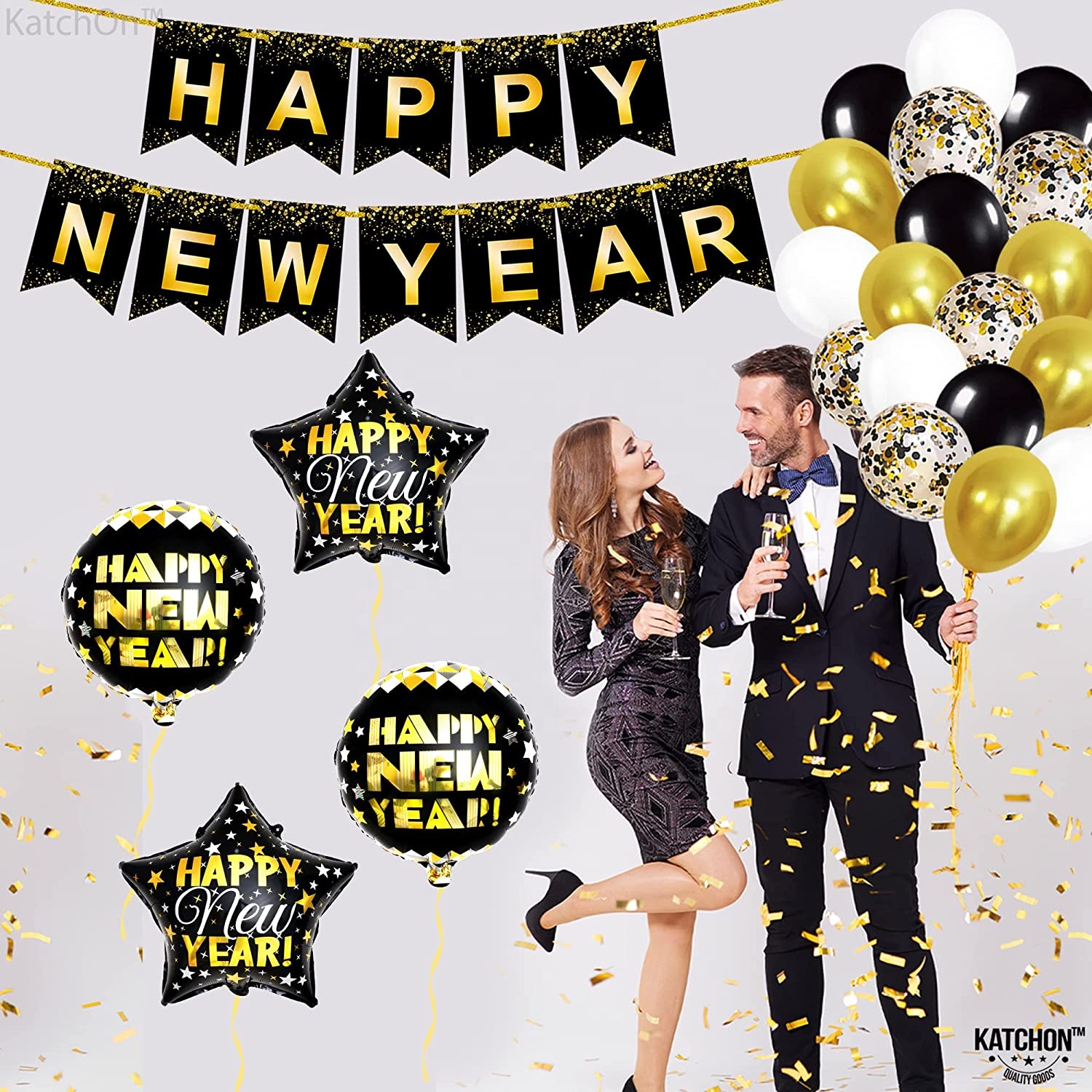 Low MOQ New Year Party Decorations Black and Gold Eve Party Decorations Kit Gold Balloon For New Year 2023