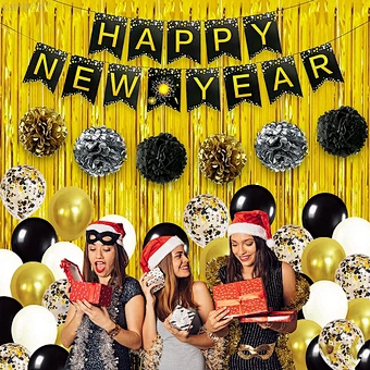 Low MOQ New Year Party Decorations Black and Gold Eve Party Decorations Kit Gold Balloon For New Year 2023