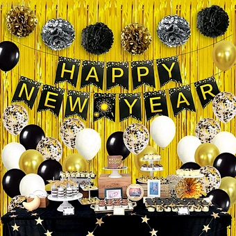 Low MOQ New Year Party Decorations Black and Gold Eve Party Decorations Kit Gold Balloon For New Year 2023