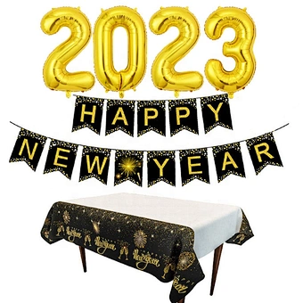 Happy New Year Decorations 2023 Set Gold Black Banner Paper Cake Topper Balloons New Years Eve Party Supplies 2023