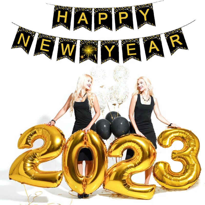 Happy New Year Banner and Balloons 2023 Photo Frame New Year Eve Party Decoration Natal Noel Merry Christmas Decor Supplies