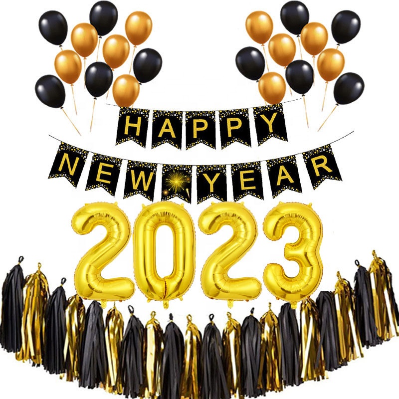 Happy New Year Decorations 2023 Set Gold Black Banner Paper Cake Topper Balloons New Years Eve Party Supplies 2023