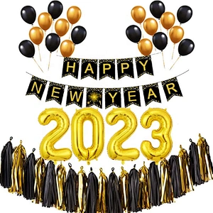 Happy New Year Decorations 2023 Set Gold Black Banner Paper Cake Topper Balloons New Years Eve Party Supplies 2023