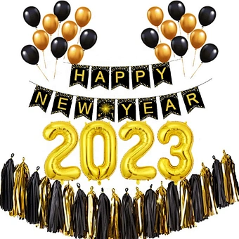 Happy New Year Decorations 2023 Set Gold Black Banner Paper Cake Topper Balloons New Years Eve Party Supplies 2023