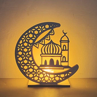 Wooden islamic Ramadan Eid Mubarak Ramadan moon hollow out letters with LED lights Eid Mubarak decoration