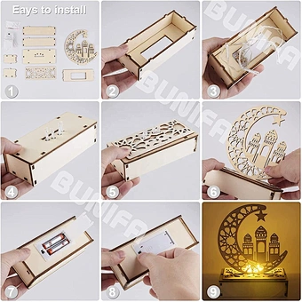 Wooden islamic Ramadan Eid Mubarak Ramadan moon hollow out letters with LED lights Eid Mubarak decoration
