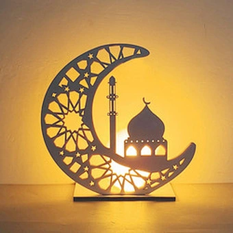 Wooden islamic Ramadan Eid Mubarak Ramadan moon hollow out letters with LED lights Eid Mubarak decoration