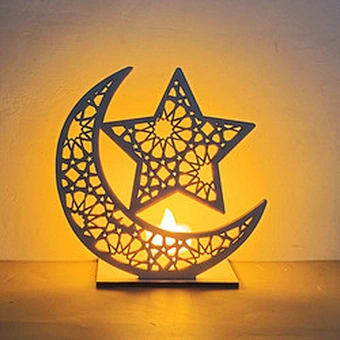 Wooden islamic Ramadan Eid Mubarak Ramadan moon hollow out letters with LED lights Eid Mubarak decoration