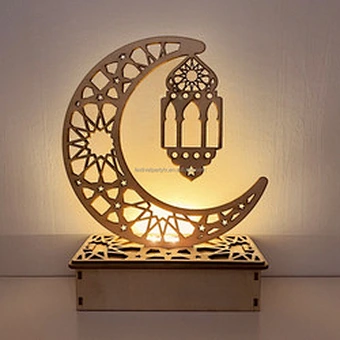 Wooden islamic Ramadan Eid Mubarak Ramadan moon hollow out letters with LED lights Eid Mubarak decoration