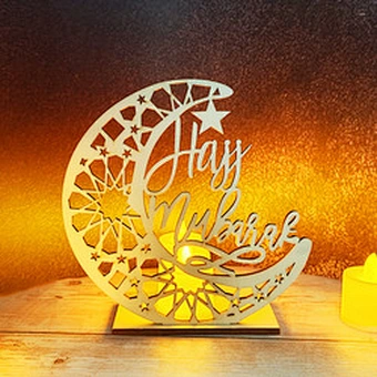Wooden islamic Ramadan Eid Mubarak Ramadan moon hollow out letters with LED lights Eid Mubarak decoration