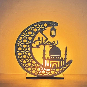 Wooden islamic Ramadan Eid Mubarak Ramadan moon hollow out letters with LED lights Eid Mubarak decoration