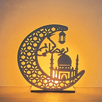Wooden islamic Ramadan Eid Mubarak Ramadan moon hollow out letters with LED lights Eid Mubarak decoration