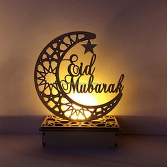 Wooden islamic Ramadan Eid Mubarak Ramadan moon hollow out letters with LED lights Eid Mubarak decoration