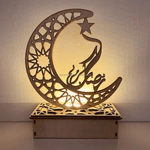 Wooden islamic Ramadan Eid Mubarak Ramadan moon hollow out letters with LED lights Eid Mubarak decoration