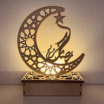 Wooden islamic Ramadan Eid Mubarak Ramadan moon hollow out letters with LED lights Eid Mubarak decoration