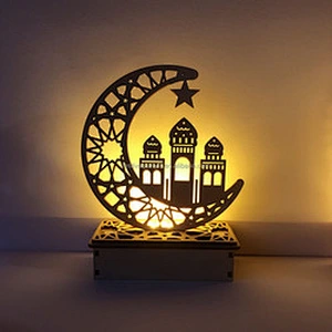 Wooden islamic Ramadan Eid Mubarak Ramadan moon hollow out letters with LED lights Eid Mubarak decoration
