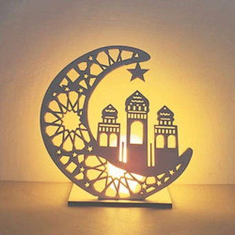 Wooden islamic Ramadan Eid Mubarak Ramadan moon hollow out letters with LED lights Eid Mubarak decoration