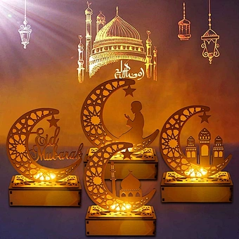 Wooden islamic Ramadan Eid Mubarak Ramadan moon hollow out letters with LED lights Eid Mubarak decoration