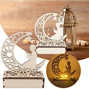 Wooden islamic Ramadan Eid Mubarak Ramadan moon hollow out letters with LED lights Eid Mubarak decoration