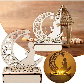 Wooden islamic Ramadan Eid Mubarak Ramadan moon hollow out letters with LED lights Eid Mubarak decoration