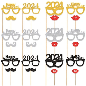 24pcs per set Dress-Up Accessories Wedding Party Favors Free Printable Photo Booth Prop Happy New Year 2024