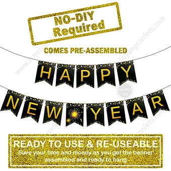 No Diy Required Years Eve Party Supplies 2023 Hanging Garland Sign Black Gold Decor Home Happy New Year Banner Decorations
