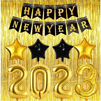 Years Eve Supplies Decorations Kit Black Happy Banner Foil Year's House Decor Backdrop Golden Gold Balloon 2023 New Year Party