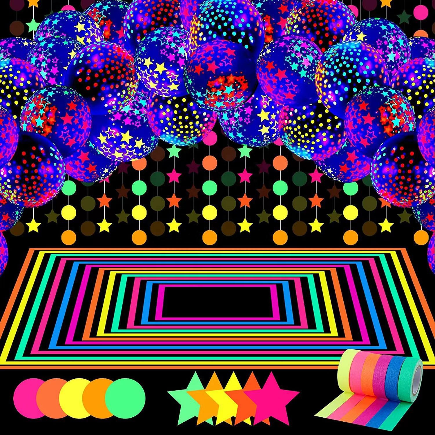 Glow Party Neon Dark Supplies Blacklight Luminous Tape Neon Round Dot Streamer Mini Polka Dot Fluorescent Balloon