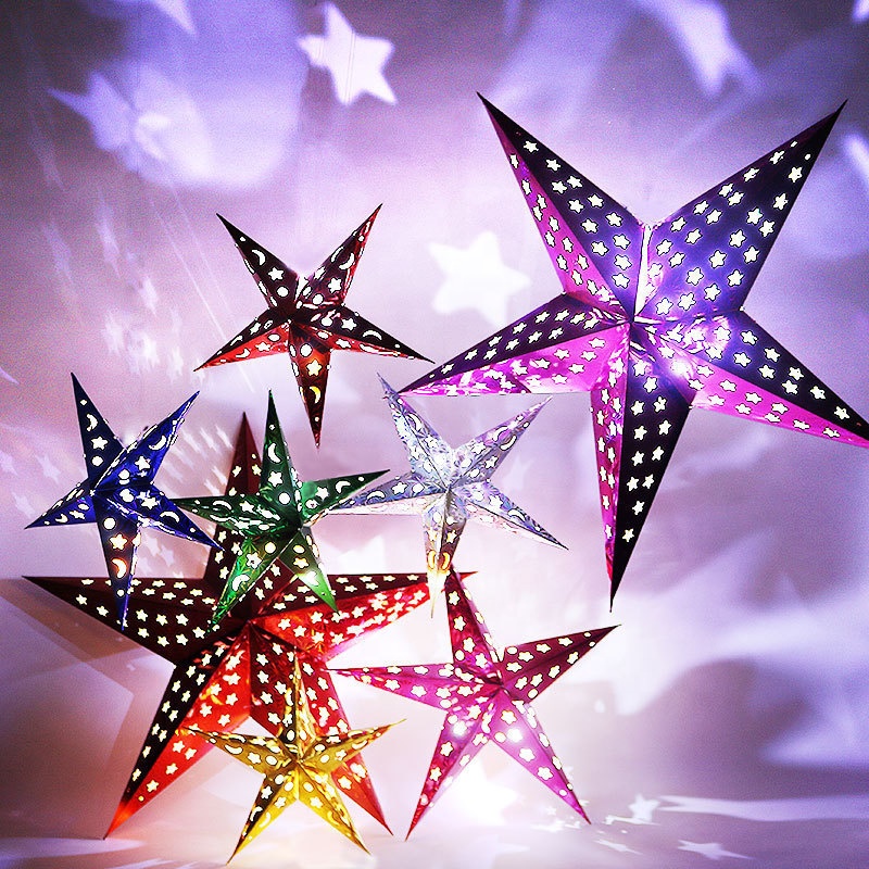 Window Paper Lantern Lampshade Garden Hanging Decoration Home Holiday Christmas Ornament Red Glitter Hollow Out Star Party Light