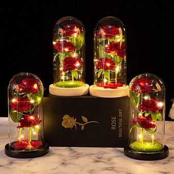 Artificial Valentine's Day Gifts enchanted Golden Rose Led Lamp 24k Gold Foil Rose in Glass Dome Decorative Flowers With lights
