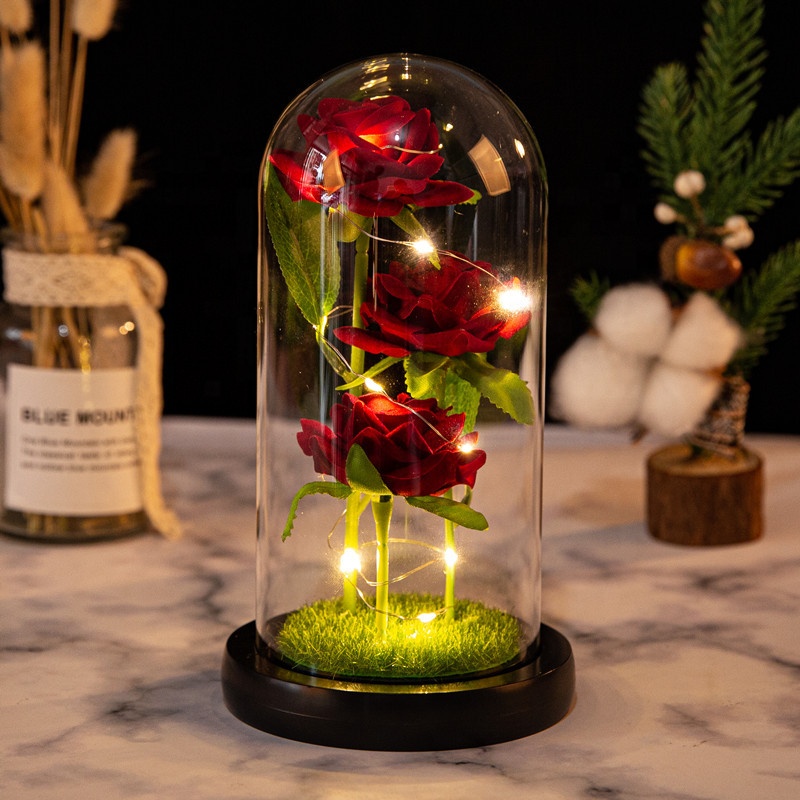 Artificial Valentine's Day Gifts enchanted Golden Rose Led Lamp 24k Gold Foil Rose in Glass Dome Decorative Flowers With lights