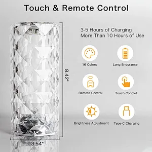 Crystal Touch Touching Control Led Glass Projector Shadow Remote Acrylic Desk Atmosphere Decorative Night Rose Light Table Lamp