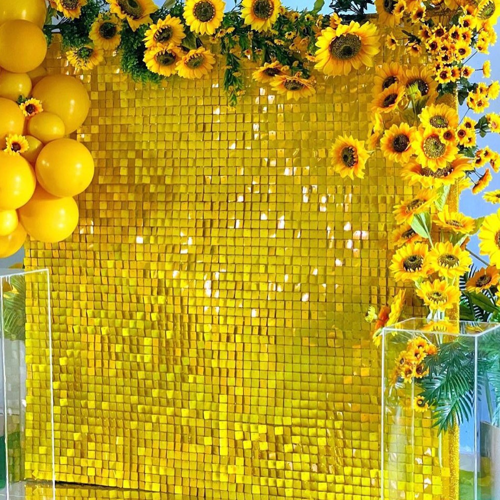 Gold Sparkling Glitter Wedding Holiday Celebrate Decoration Mirror Stunning Yellow Color Backdrop Shimmer Sequin Wall Panel