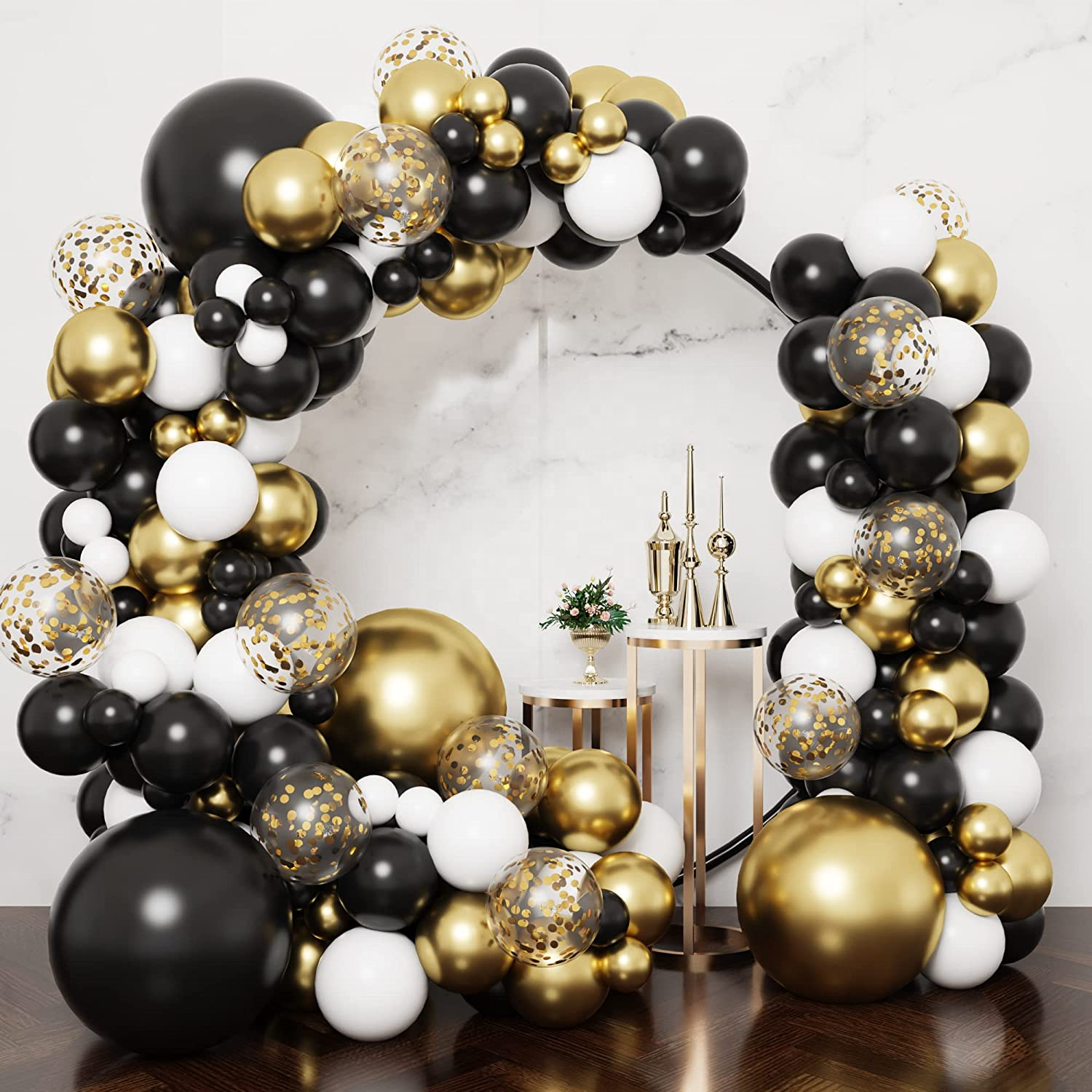 Black Gold New Year Wedding Bridal Shower Decoration Pastel Candy Macaron Rainbow 1st Birthday Latex Balloon Arch Garland Kit