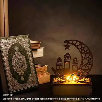 Wooden islamic Ramadan Eid Mubarak Ramadan moon hollow out letters with LED lights Eid Mubarak decoration